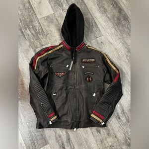 Affliction Men's Black Leather Jacket with Red and Gold Accents NWT